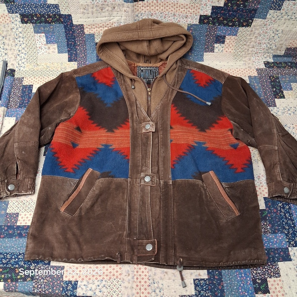 90s Vintage Winlit Southwestern Rancher Coat Womens Large L Brown Suede Aztec